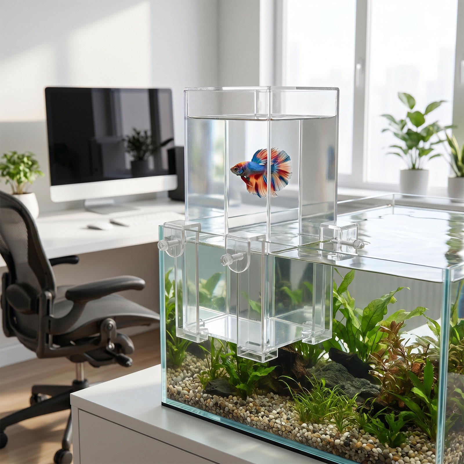 Aquarium Fish Betta - ตู้ปลาอะคริลิกใส ขนาด 10.6x4.5x4.5 นิ้ว ระบบสุญญากาศภายนอก สำหรับปลาเบต้า